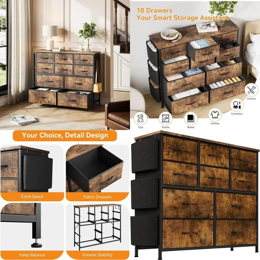 

Комод с 10 ящиками, боковыми секциями и крючками, высокий тканевый стеллаж для хранения, цвет рустик-коричневый, для спальни, гостиной, прихожей или кладовой.