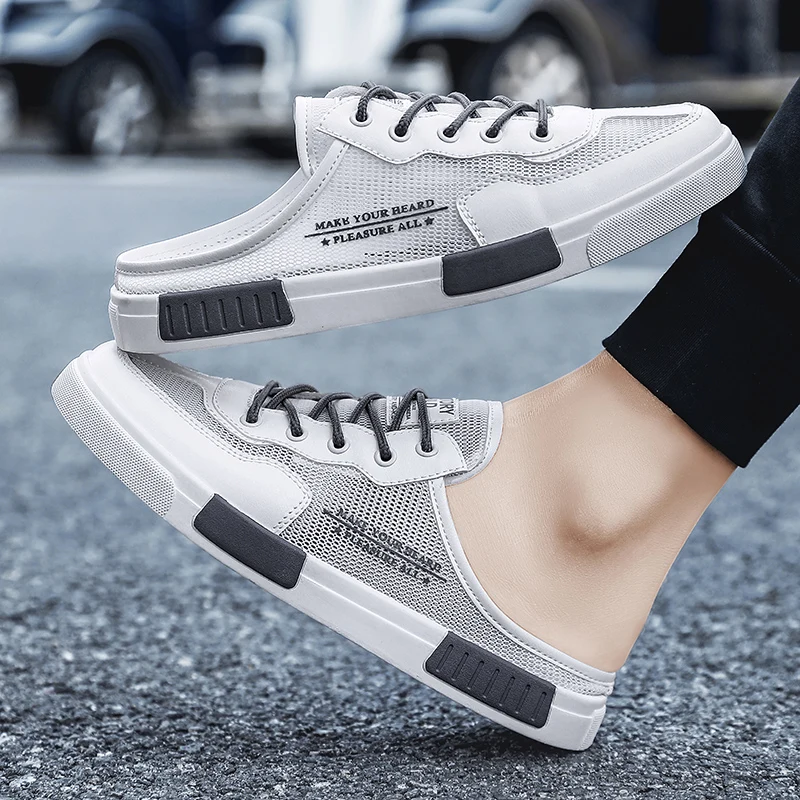 Summer Men's Breathable Mesh Mule Slippers,Plus Size Closed Toe Shoes, Lightweight Non-slip Wear-resistant Casual Skate Slippers