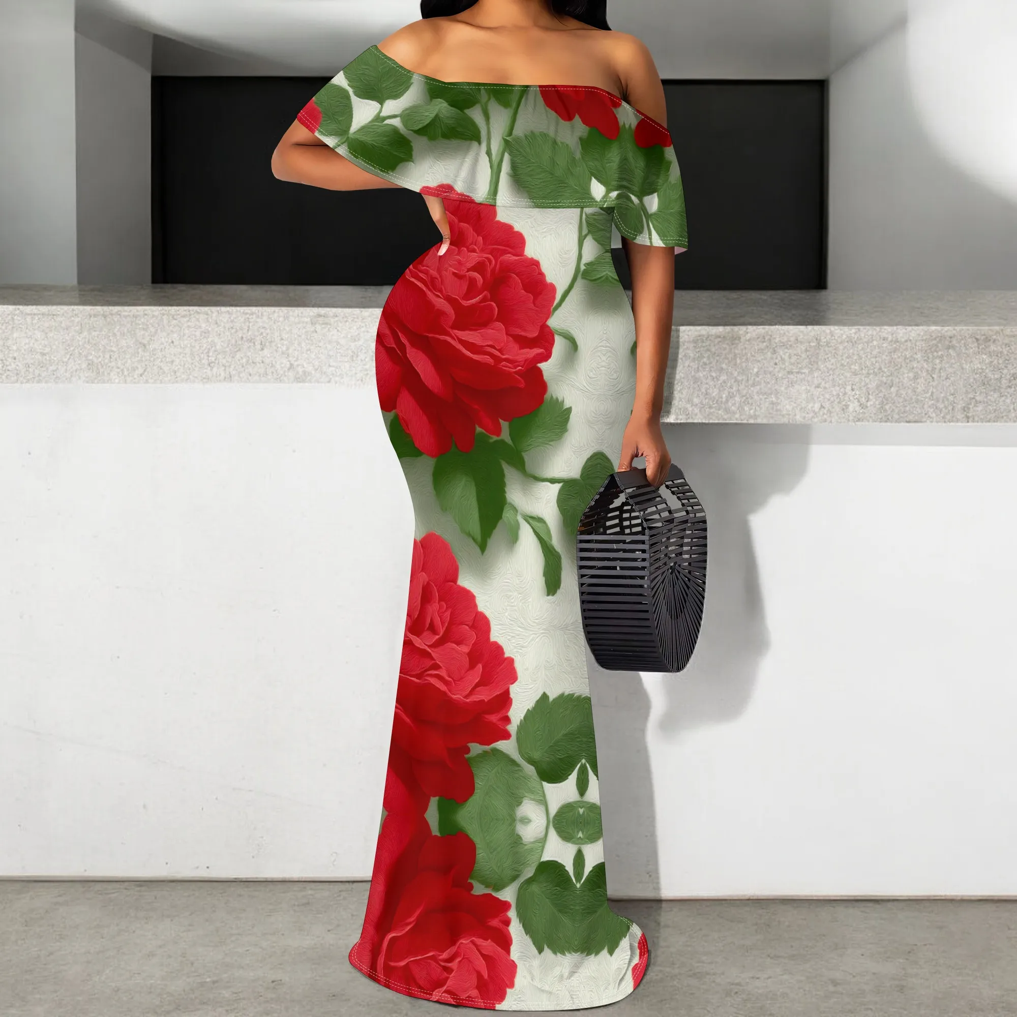 

Red Rose Print Maxi Dress S‑3XL Off Shoulder Ruffle Style Bodycon Fit for Valentine’s Day, Garden Party or Spring Wedding Look