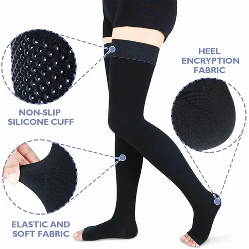 Imagen 2 del producto Medias de compresión altas con punta abierta para mujer, medias graduadas con banda de silicona, soporte para venas varicosas, Edema, vuelo, 20-30mmHg, 1 par