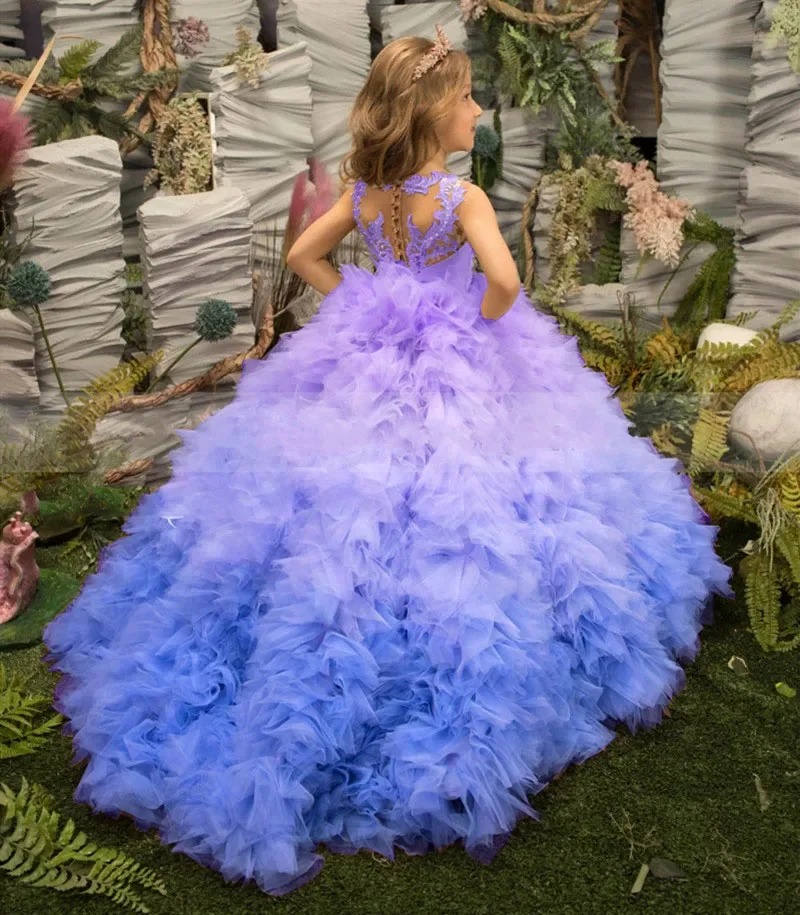 Süße Spitze Hochzeit Blumenmädchenkleider Benutzerdefinierte Farbverlauf Tüll Kleine Mädchen Prinzessin Kleid Ärmellose Kinder Geburtstag Party