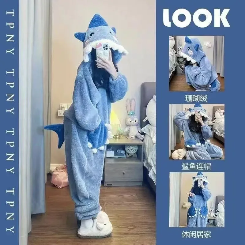 Pijamas de tiburón con dibujos de animales para mujer, mono largo con capucha de felpa Coral de invierno, ropa de dormir, trajes de fiesta de Halloween y Carnaval