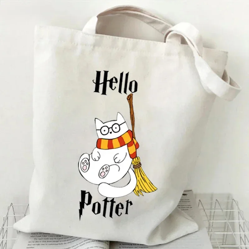 

Canvas Tote Bag for Women Potter Cats Handbag Harajuku Animal Shopper Bags Cartoon Cat Aesthetic Tote Bag Female Shoulder Bag