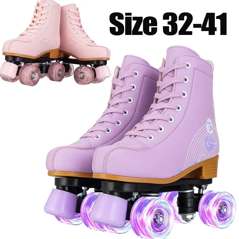 Roller Skate Shoes,pink Purple Women Double Row Roller Skates Pink Purple Leather Breathable 4 Wheel Sliding Skating Sneakers