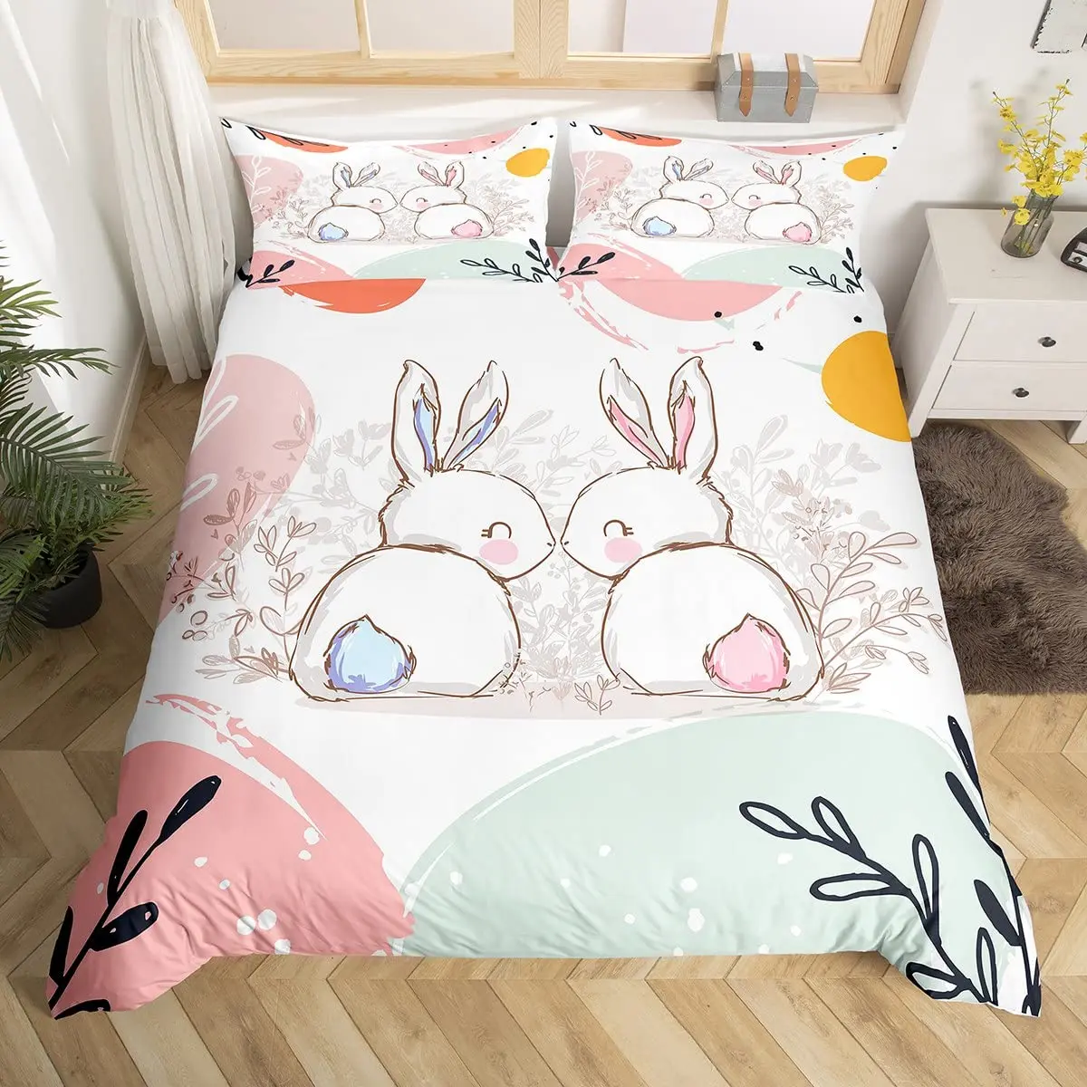 

Cute Easter Rabbit Duvet Cover Twin Queen Cartoon Bunny Bedding Set Kawaii Animal Comforter Cover Spring Flowers Bedspread Cover