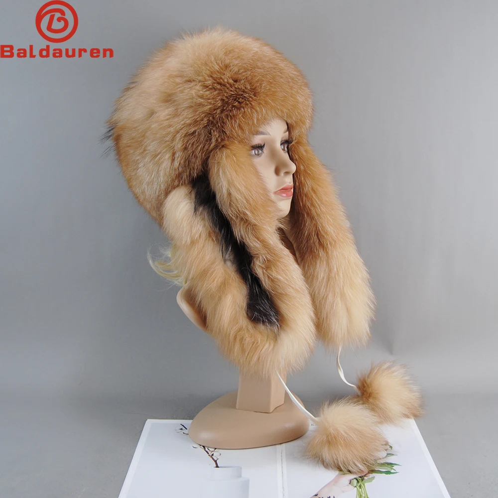 

New Style 2024 Women Winter Ushanka Hats Bomber Russian Woman Fluffy Trapper Natural Fox Fur Warm Round Ladies Fur Hat Scarf Set