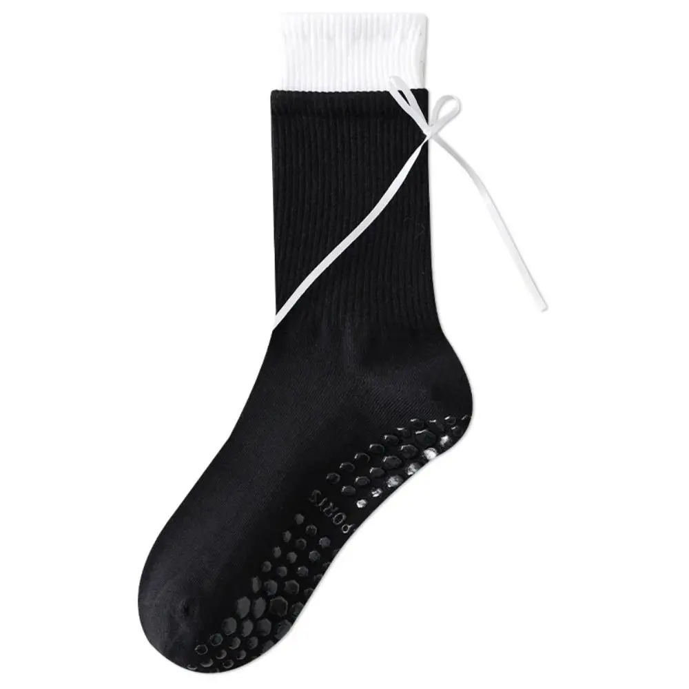 

New with Ribbon Pilates Socks Cotton Breathable Double Color Socks Casual Sweat-absorbent Mid Tube Socks