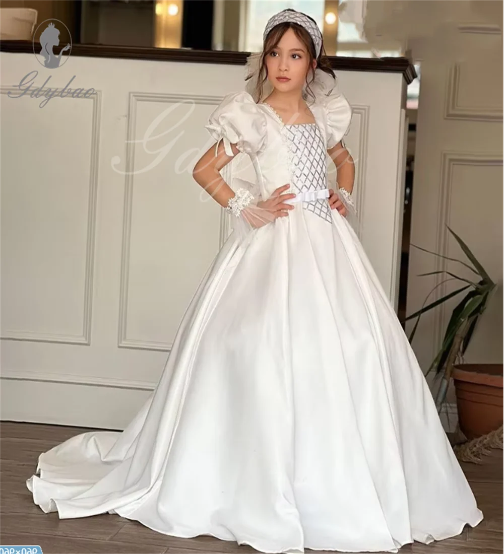 Robe de Princesse en Satin Blanc pour Fille, Élégante, à Fleurs, Col Carré, Manches Bouffantes, pour ixd'Anniversaire, Première Communion, 2025