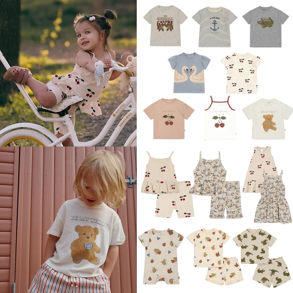 Camiseta de manga corta con estampado de dibujos animados de cereza para niños y niñas, Conjunto de camiseta informal de animales, traje de ropa para bebé, novedad de 2024