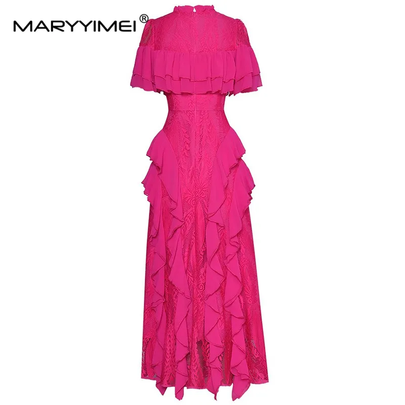 MARYYIMEI Fashion Runway dress Summer Women Dress Short sleeve Hollow out Ruffled Lace patchwork Vintage Party Dresses