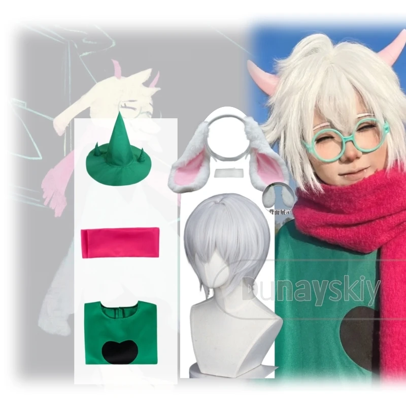 Deltarune Ralsei Ralsei Halloween Cosplay Kostüm Perücken Kopfbedeckung Flauschige Ohren Stirnband Zauberer Cosplay Outfit Grüne Robe Rosa Schal