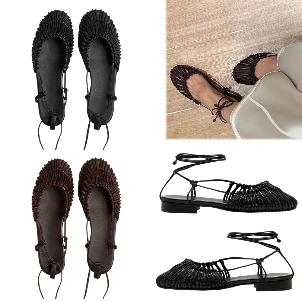 

Тканые полые модные сандалии на плоской подошве для женщин, сандалии с закрытым носком, сандалии с кожаным ремешком, летняя римская обувь для отпуска