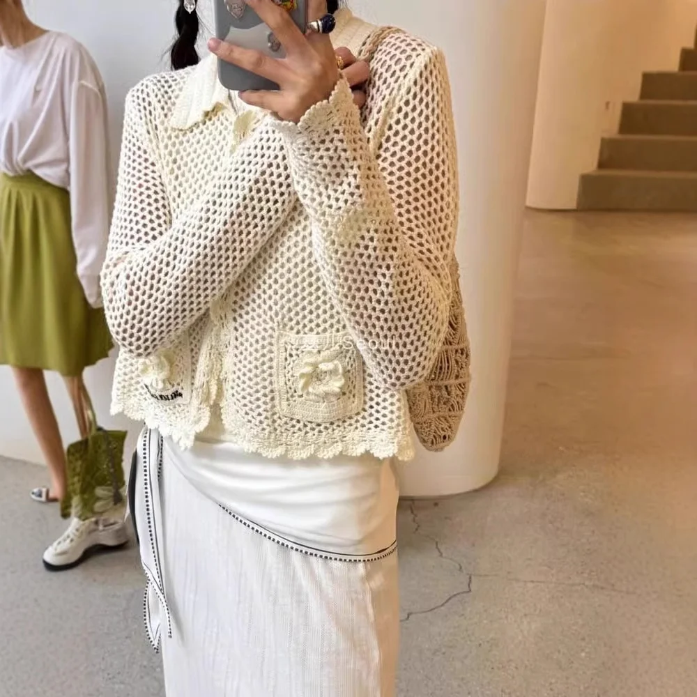 

Sweet d Hollow out Knitted Cardigan Atelier Edition Spring Cotton Blend Fabric Regular Thin Ladies Sweater
