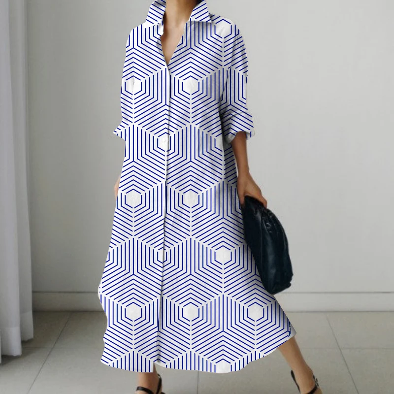 2023 New Women's Fashion V-Neck Shirt Extra Long Dress Long Sleeve Flip Lapel Cyanotype Printing Casual Street Shooting Robe