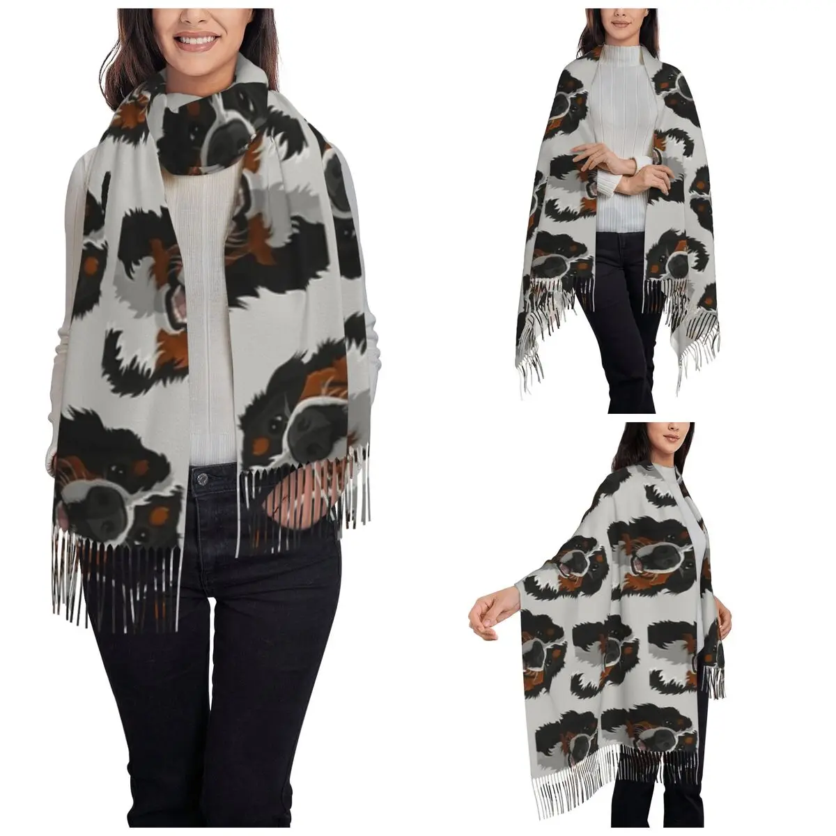 Bernese Mountain Dog Scarf for Womens Fall Winter Cashmere Shawl Wrap Cartoon cute animal Large Scarves with Tassel Ladies