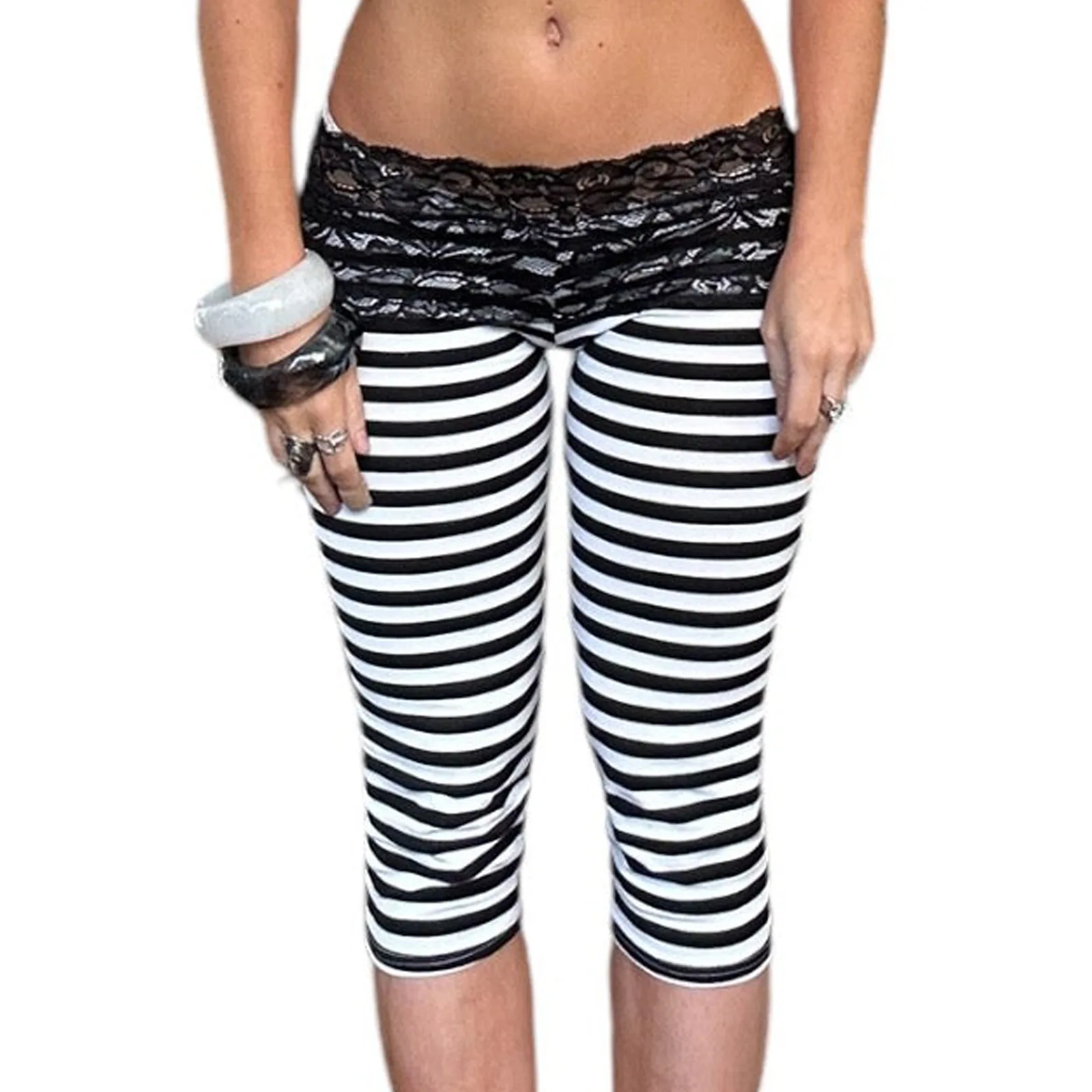 Striped Capri Leggings For Women Lace Waistband Low Rise Bodycon Cropped Pants High Stretch Streetwear Casual Mid Pants