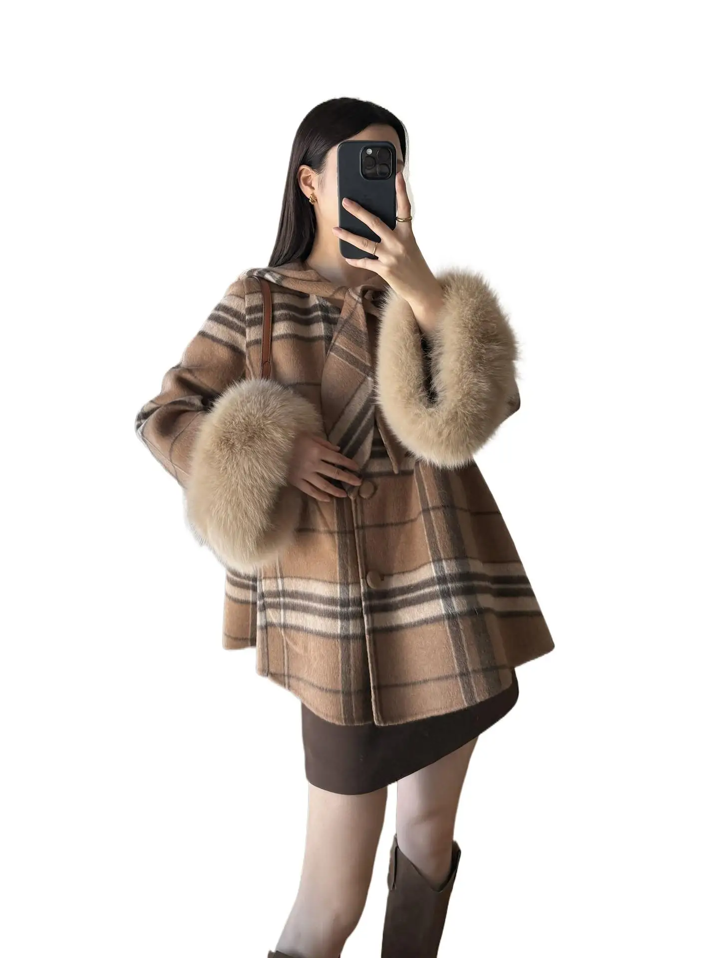 

British Regal 2025 Autumn/Winter hooded rabbit ears cuffs fox fur fur double-sided woolen coat, woolen jacket for women