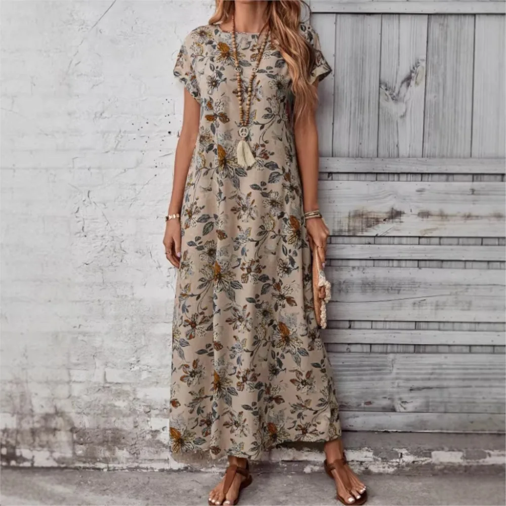 

Casual Dress For Wedding A-line Dress Vestidos Temperament Bohemian Pastoral Style Printed Loose Short Sleeves Contrast Vacation