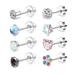 2Pcs Shiny Flowers Crystal Zircon Screw Earrings for Women Stainless Steel Ear Cartilage Piercing Body Jewelry