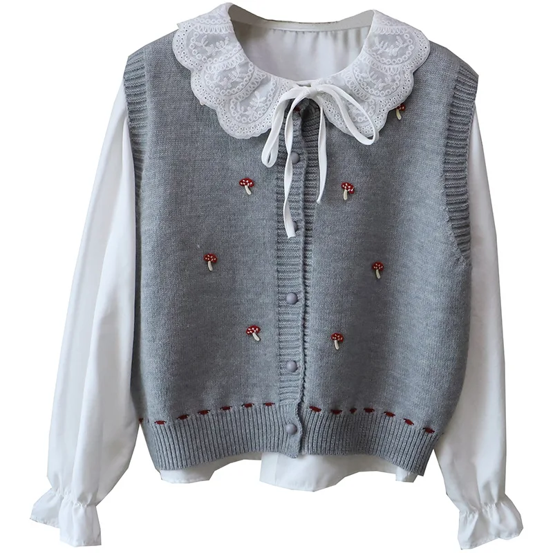 

Комплект из рубашки с воротником-стойкой и вязаного жилета в корейском стиле, повседневный комплект в стиле преппи, безрукавный топ с воротником и жилетка