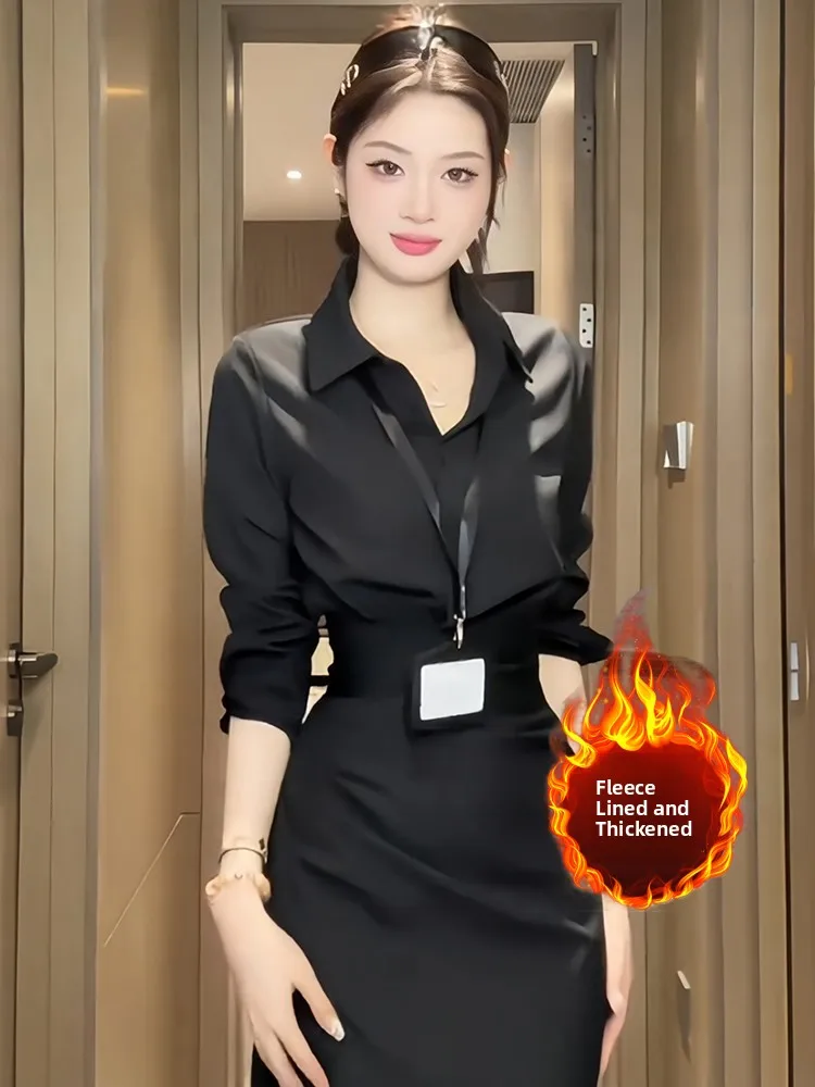 

Slimming Effect Black Fleece Lined Thickened Long Sleeve Women's Shirt for Hotel Bar Work Autumn Winter Luxury Small Size