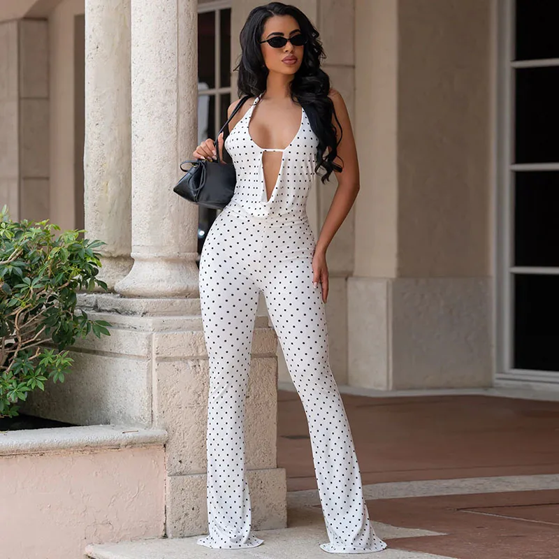 

Doyerl Polka Dot Rompers and Jumpsuits for Woman Sleeveless Halter Deep V-neck Backless Club Party Overalls Monos Mujer Verano