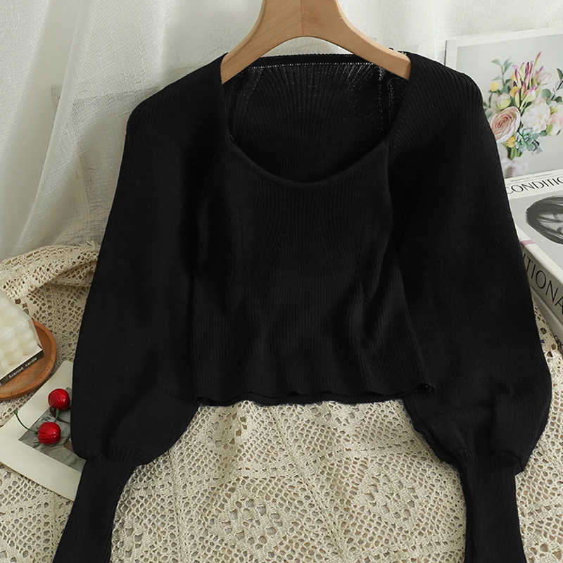 Pearl Diary Autumn Winter Square Collar Short Crop Tops Solid Pullover Knitting Long Sleeve Top Women Fashion All-Match Casual S