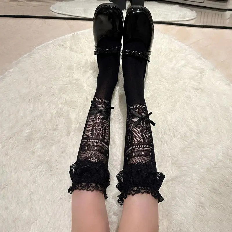 Women Ballet Bow Mid Calf Socks Summer Thin Hollow Out Lace Soft Slouch Socks Breathable Footwear for Dancing and Outings