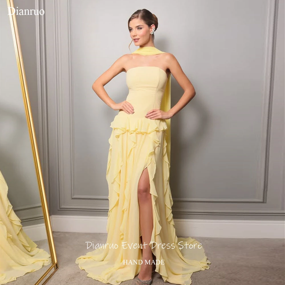 

Желтые вечерние платья Dianruo с боковым разрезом, лентами и оборками по подолу, шифоновые, без бретелек, А-силуэт, на заказ