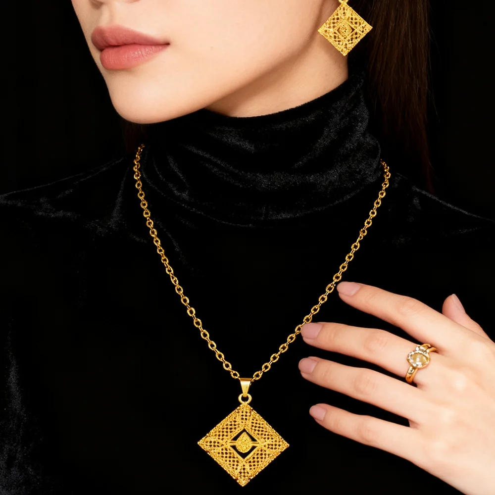 Dubai 18K Goldfarbenes Schmuckset für Damen Hochzeit Party Halskette Ohrringe Sets Indisches Schmuckset Kostenloser Versand Großhandel – Detail 8