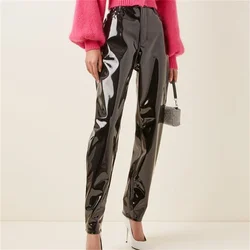 New long legs bright lacquer pu leather pants women casual pants high waist harem pants