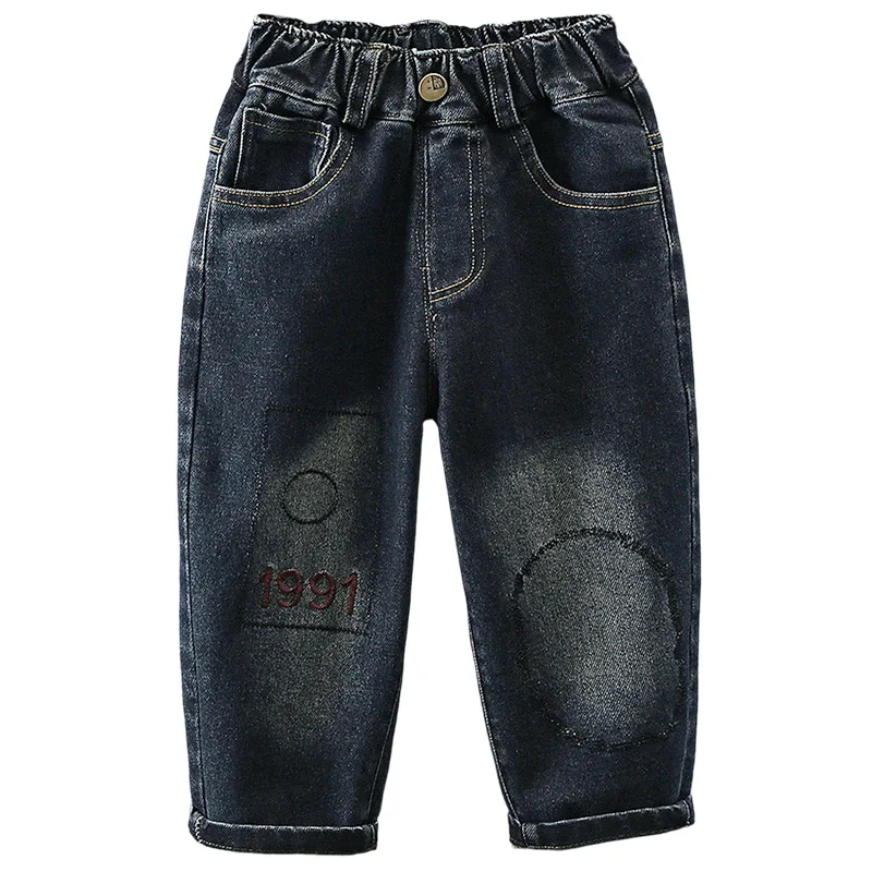 

Осень 202, детские джинсы для мальчиков, джинсовые штаны с вышивкой для маленьких мальчиков, повседневные модные брюки со средней талией для мальчиков, От 2 до 8 лет