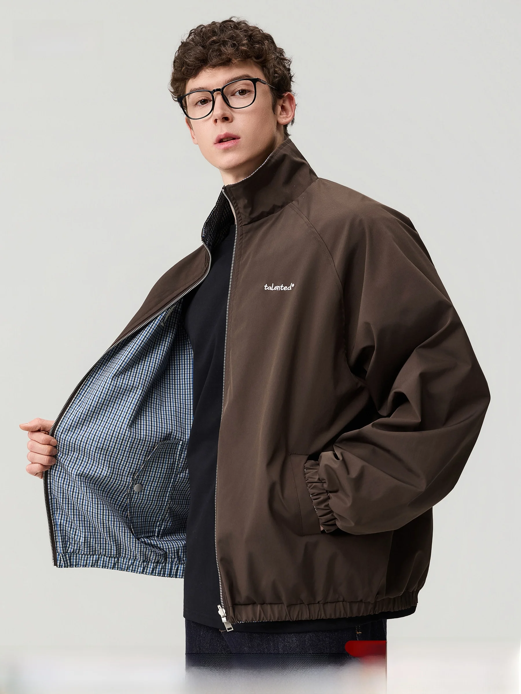 

DPX Men's Double-Sided Wear Plaid Short Jacket with Embroidered Letters Stand Collar Loose Fit Casual Style Spring Outerwear