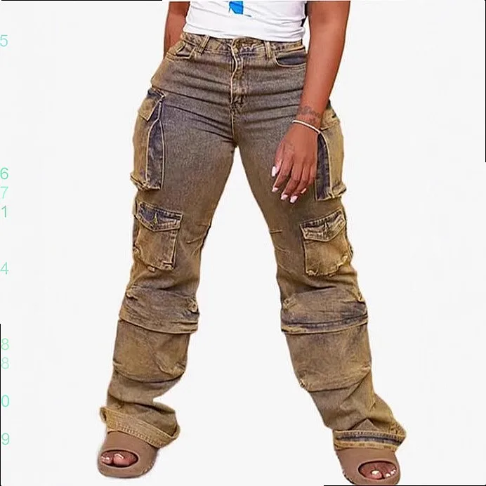 Pen Pants Multi Pocket Cargo Denim Wide Leg Jeans Women Spring Summer Jumpsuit Playsuit Overall