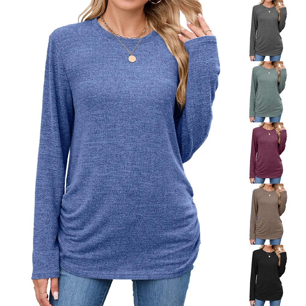 

Women's Autumn Round Neck Knitted T-shirt Loose Casual Solid Color Pullover Tops Female Long-sleeved Blouses Sweater