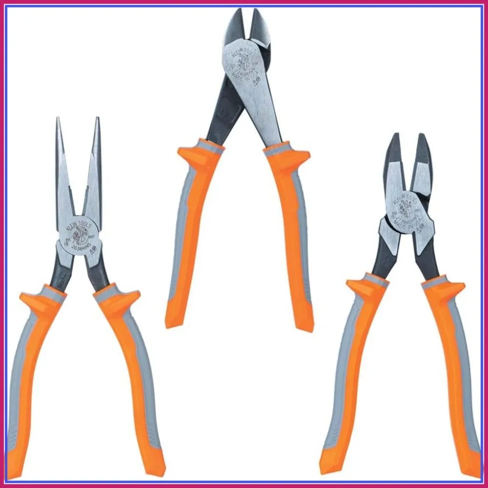 

1000V Insulated Plier Tool Set, 3-Piece with Long-Nose, Side-Cutting, and Diagonal Cutting Pliers, USA