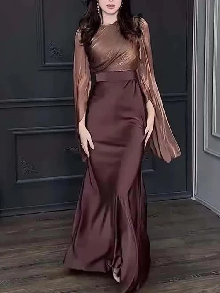 Eleganckie satynowe sukienki dla kobiet Wiosna O Szyja Solidna tunika Slim Bodycon Długa sukienka imprezowa Nowa jesienna sukienka wieczorowa Batwing Sleeve