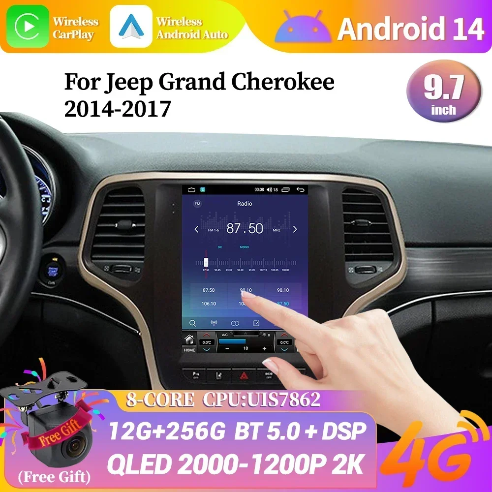 9.7inch Android 14 Car Radio For Jeep Grand Cherokee 2014-2017 Stereo Multimedia 4G GPS Wireless Bluetooth Carplay Touch Screen