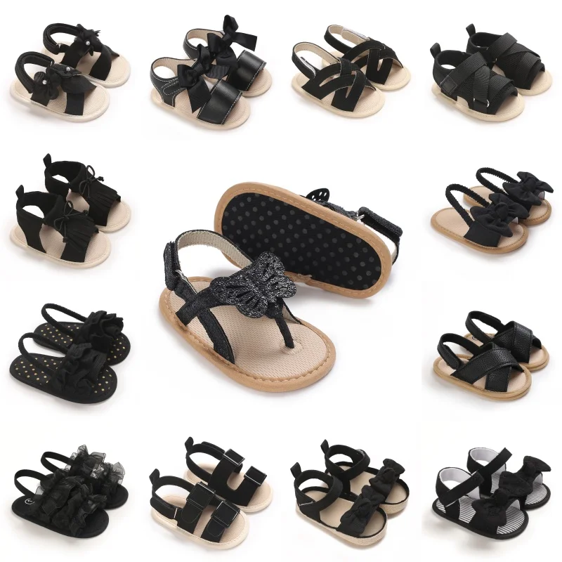 Sweet 0-18M Baby Cute Open toed Pre school Summer Sandals Black Princess Casual Soft Cloth Bottom Anti slip Single Shoes for Gir