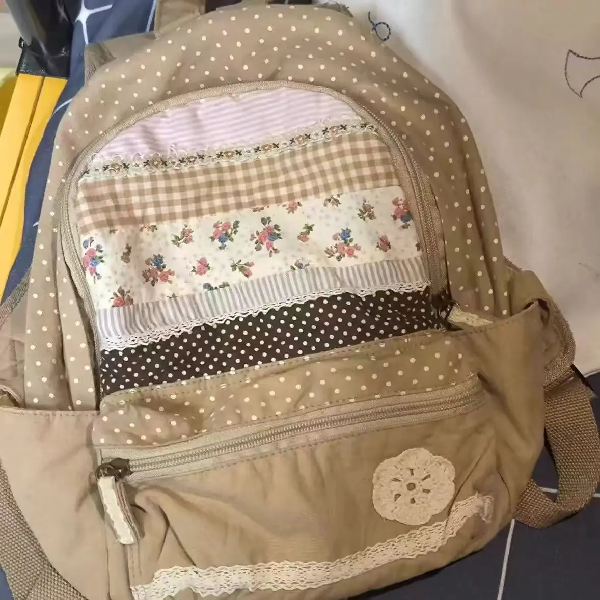 Vintage-Rucksack für Mädchen, Spitze, Patchwork, modisch, für Büro, Damen, großes Fassungsvermögen, Mori Girl All-Match-Rucksack
