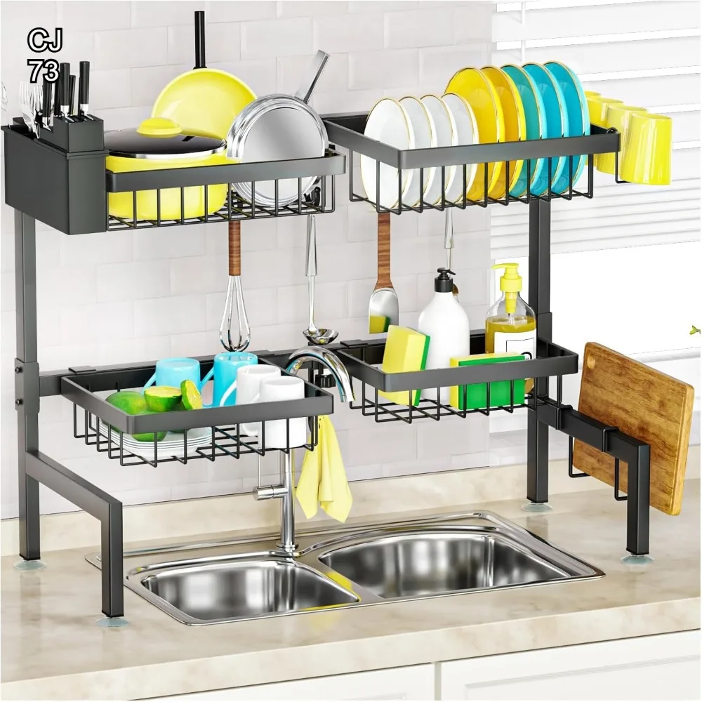 

Adjustable 2-Tier Over Sink Dish Drying Rack with 4 Baskets, Extends 26.57-35 Inches for Kitchen Space Saving