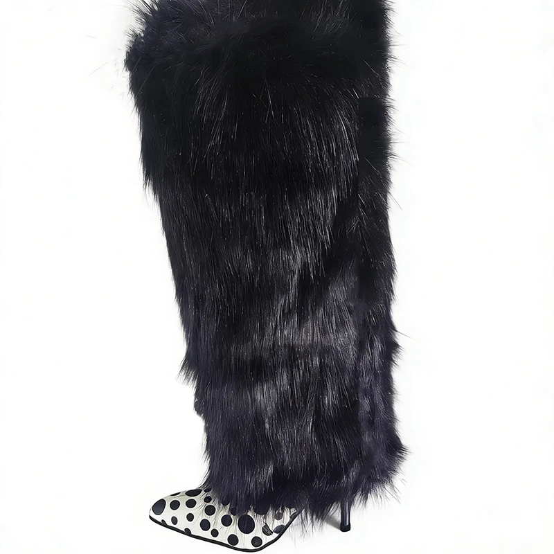 

Черные меховые сапоги-ботфорты с пэчворком, сексуальные женские туфли на высоком каблуке с острым носком и принтом в горошек, осенне-зимняя модная обувь для вечеринок и подиумов