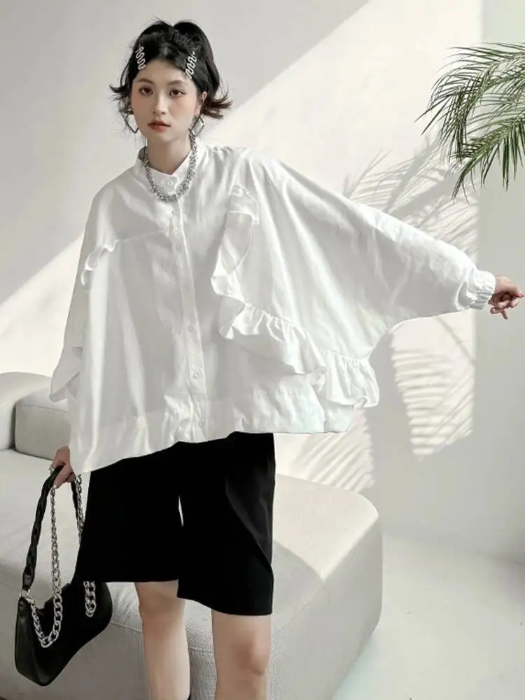 Women White Big Irregular Casual Blouse New Stand Collar Long Sleeve Loose Shirt Fashion Tide Spring Autumn