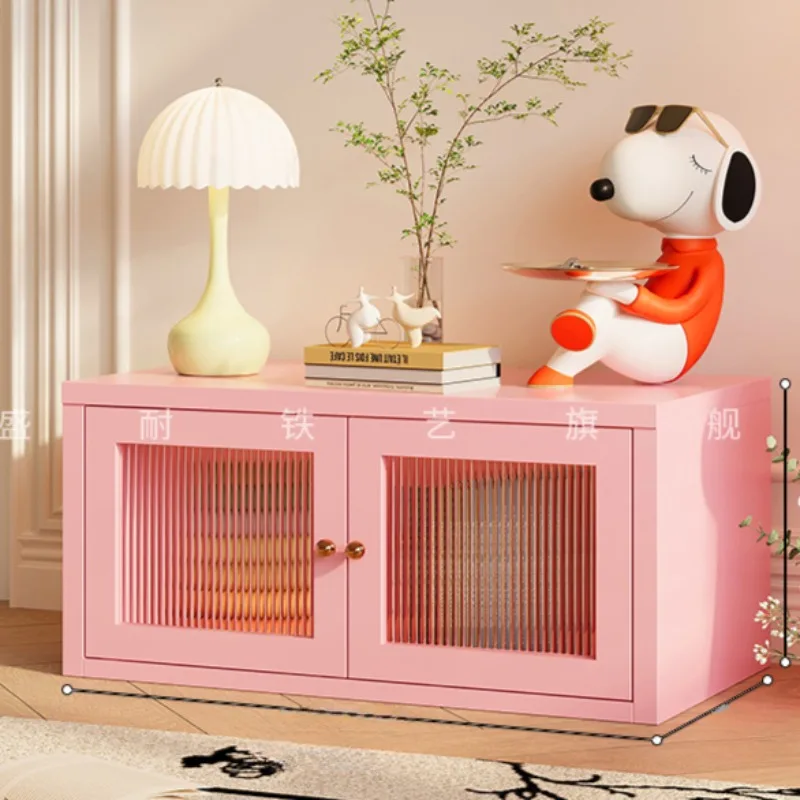 

F97 Nordic Pink Bookshelf, Double-Door Small Top Cabinet, Tempered Glass Small Bookcase, Sturdy and Stable Pink Storage