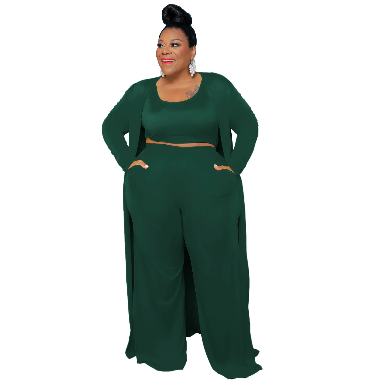 L-5XL grande taille femmes vêtements 2023 hiver nouvelle mode manteau à manches longues et pantalon large olympiques trois pièces ensembles tenues féminines