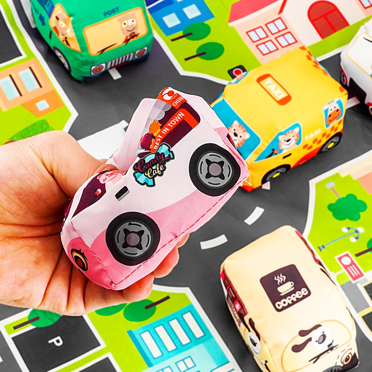 Мягкий набор игрушек-автомобилей с игровым ковриком и 6 шт. Автомобиль для детских игрушек 18 месяцев Машинка для мальчиков и девочек Развивающие игрушки