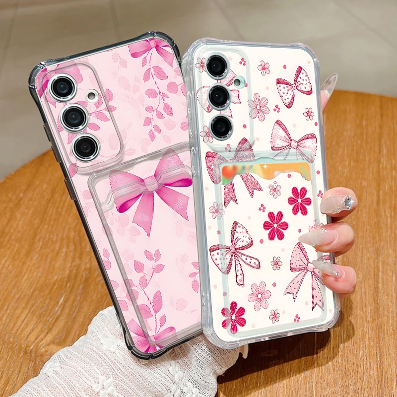 Card Pocket Phone Case For Samsung Galaxy S26 S25 S24 Ultra S23 S24 FE A57 A17 A56 A55 A25 A16 A36 A15 Pink Bow Print TPU Cover