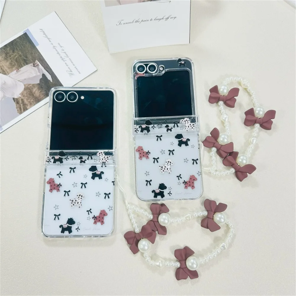 Cute Cartoon Spotted Puppy Star Print Phone Case for Samsung Galaxy Z Flip 7-3 Burgundy Pearl Bow Bead Strap Protective Cover