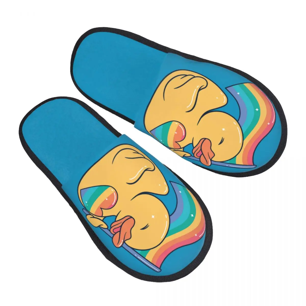 Cute LGBT Rainbow Rubber Ducky Guest Slippers for Hotel Women Custom Print House Slipper