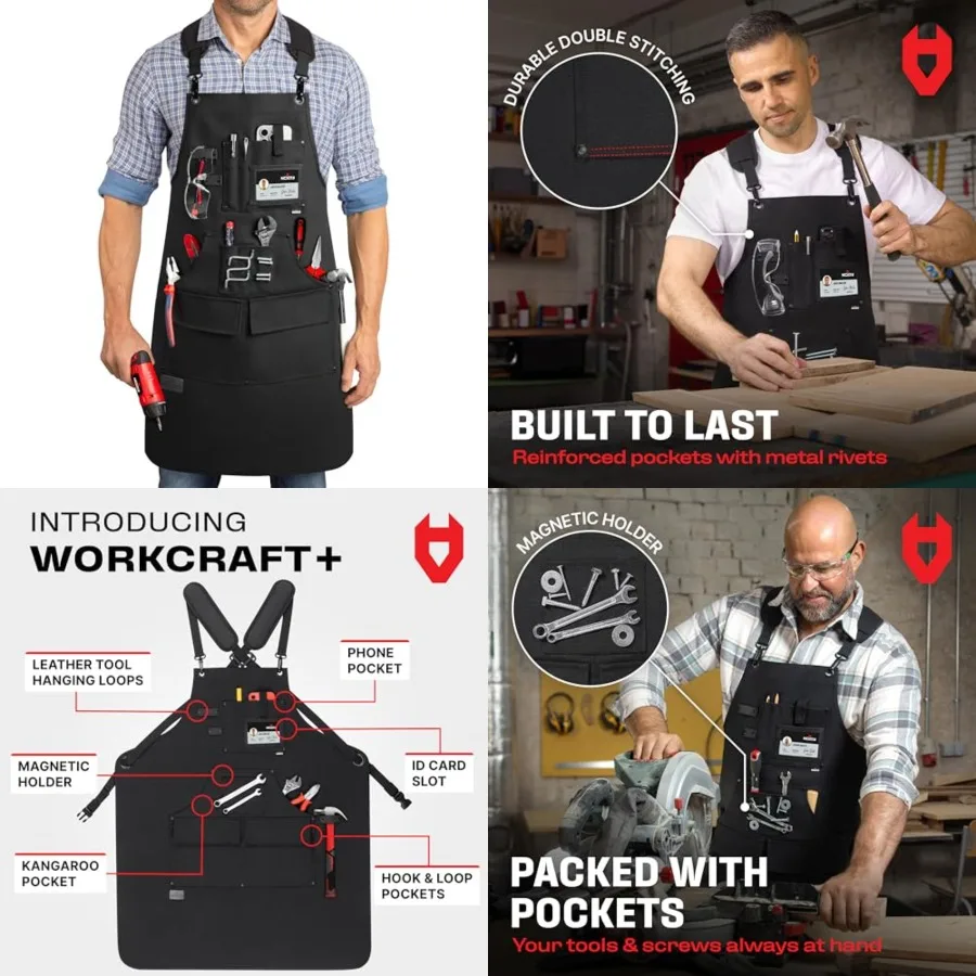 

Woodworking Apron for Men Reinforced Pockets with Metal Rivets, Magnetic Holder Leather Tool Loops Shop Aprons for Men with Cro